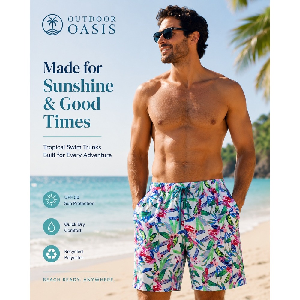 NEW Outdoor Oasis Men's White Tropical Floral Swim Trunks Shorts 4XLT Tall